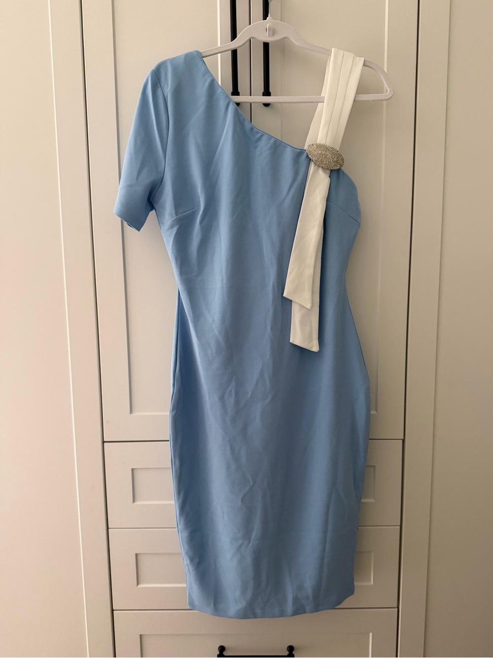 Valentine One Shoulder Midi Dress Light Blue White Size L